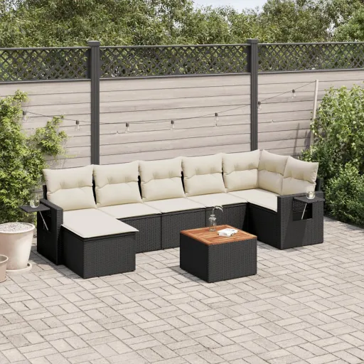 Conjunto Sofás de Jardim com Almofadões Vime PE Preto (8 pcs)