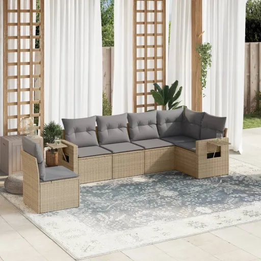 Conjunto de Sofás p/ Jardim com Almofadões Vime PE Bege (6 pcs)