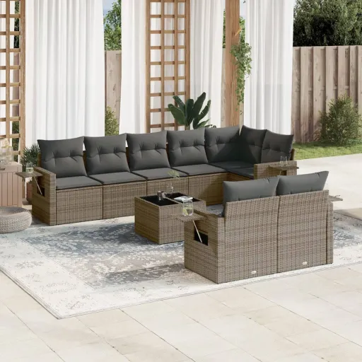 Conjunto Sofás p/ Jardim com Almofadões Vime PE Cinzento (9 pcs)