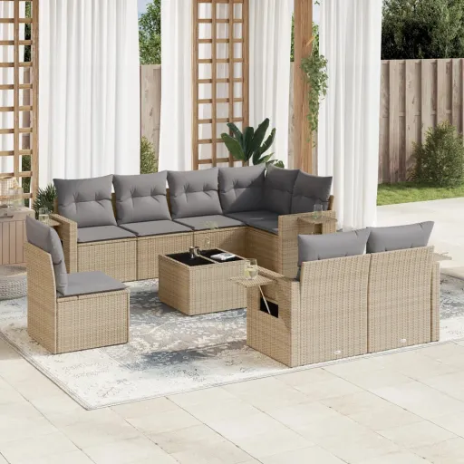 Conjunto de Sofás p/ Jardim com Almofadões Vime PE Bege (9 pcs)