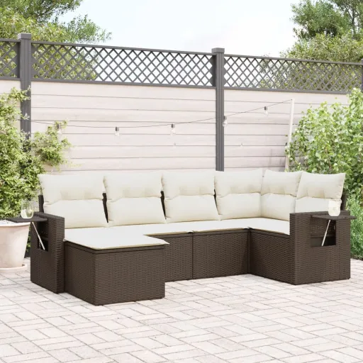 Conjunto de Sofás Jardim c/ Almofadões Vime PE Castanho (6 pcs)