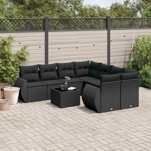 Conjunto de Sofás p/ Jardim c/ Almofadões Vime PE Preto (9 pcs)