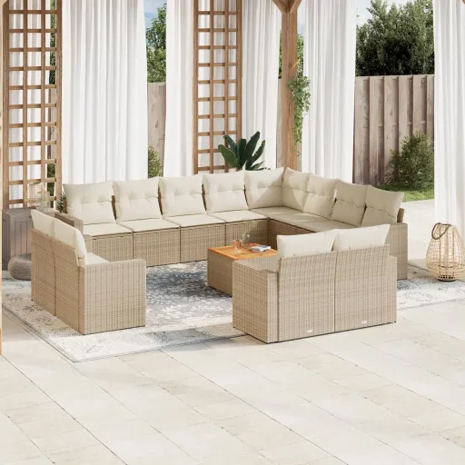 Conjunto de Sofás p/ Jardim com Almofadões Vime PE Bege (13 pcs)