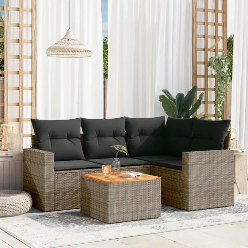 Conjunto Sofás de Jardim c/ Almofadões Vime PE Cinzento (5 pcs)