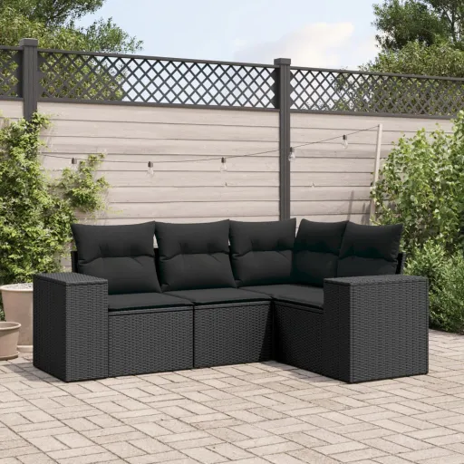 Conjunto de Sofás para Jardim c/ Almofadões Vime PE Preto (4 pcs)