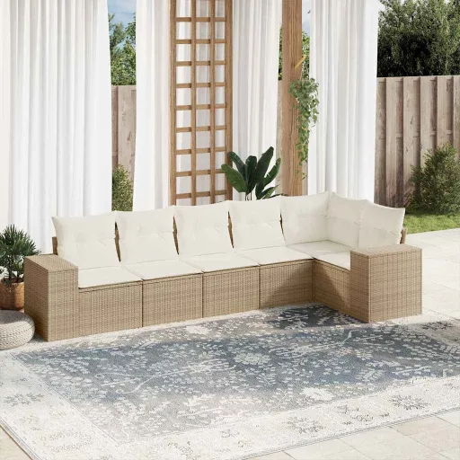 Conjunto de Sofás p/ Jardim com Almofadões Vime PE Bege (6 pcs)