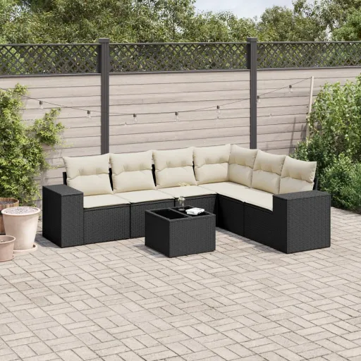 Conjunto de Sofás p/ Jardim c/ Almofadões Vime PE Preto (7 pcs)