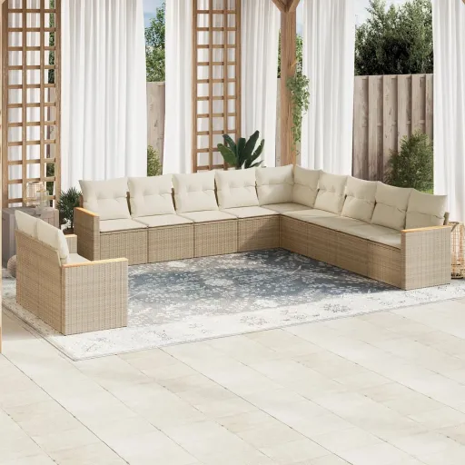 Conjunto Sofás de Jardim c/ Almofadões Vime PE Bege (11 pcs)