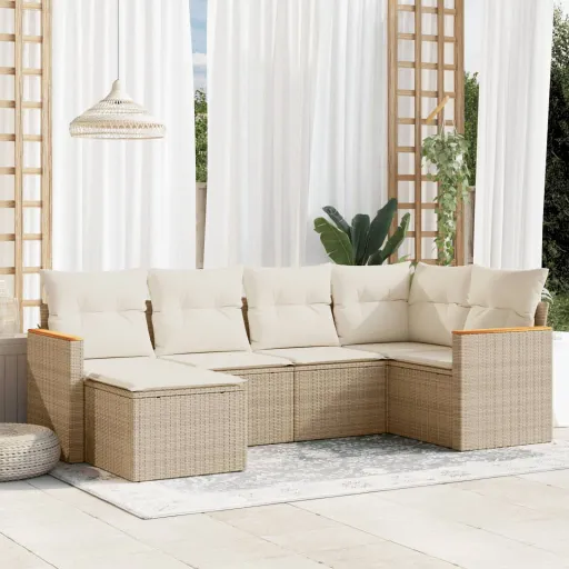 Conjunto de Sofás p/ Jardim com Almofadões Vime PE Bege (6 pcs)