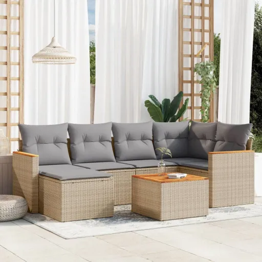 Conjunto de Sofás p/ Jardim com Almofadões Vime PE Bege (7 pcs)