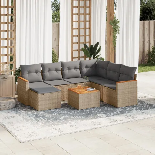 Conjunto de Sofás p/ Jardim com Almofadões Vime PE Bege (8 pcs)