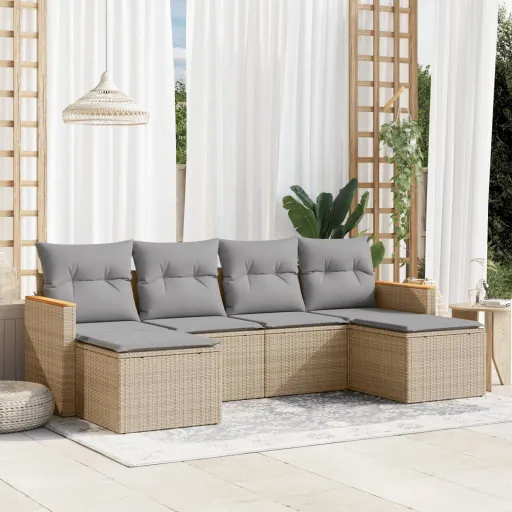 Conjunto de Sofás p/ Jardim com Almofadões Vime PE Bege (6 pcs)