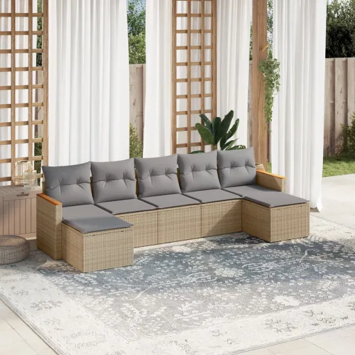 Conjunto de Sofás p/ Jardim com Almofadões Vime PE Bege (7 pcs)
