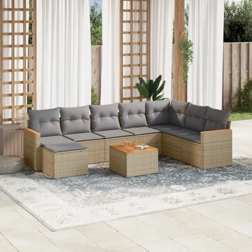 Conjunto de Sofás p/ Jardim com Almofadões Vime PE Bege (9 pcs)