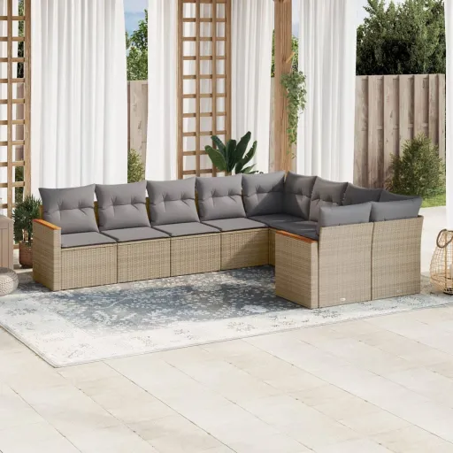 Conjunto de Sofás p/ Jardim com Almofadões Vime PE Bege (9 pcs)