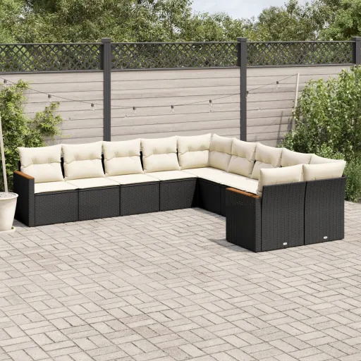Conjunto Sofás de Jardim c/ Almofadões Vime PE Preto (10 pcs)