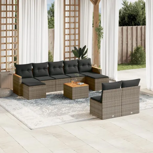 Conjunto Sofás de Jardim c/ Almofadões Vime PE Cinzento (10 pcs)