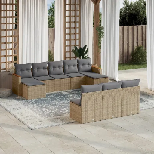 Conjunto de Sofás p/ Jardim com Almofadões Vime PE Bege (10 pcs)
