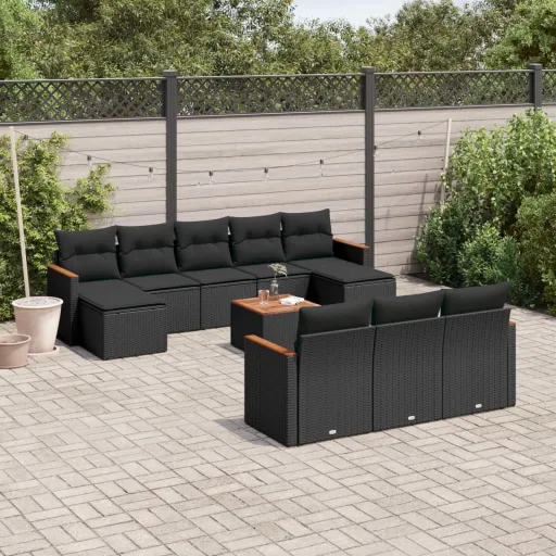 Conjunto Sofás de Jardim c/ Almofadões Vime PE Preto (11 pcs)