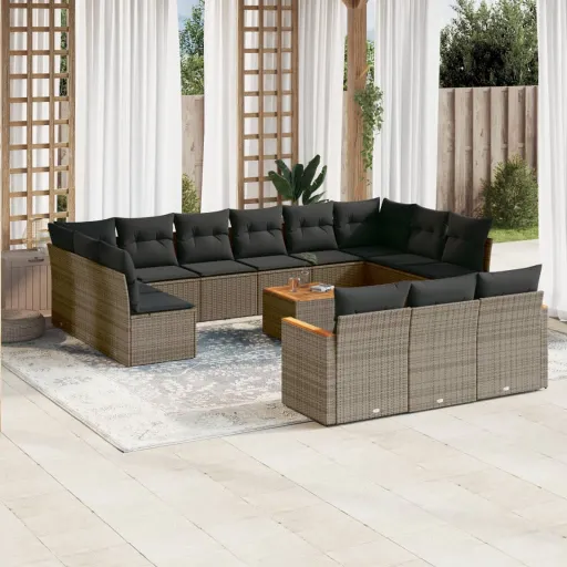Conjunto Sofás p/ Jardim c/ Almofadões Vime PE Cinzento (14 pcs)