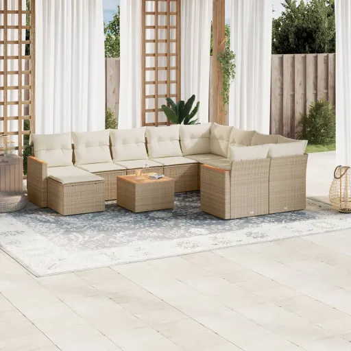 Conjunto Sofás de Jardim c/ Almofadões Vime PE Bege (11 pcs)