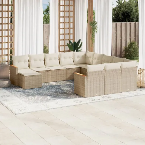 Conjunto de Sofás p/ Jardim com Almofadões Vime PE Bege (12 pcs)