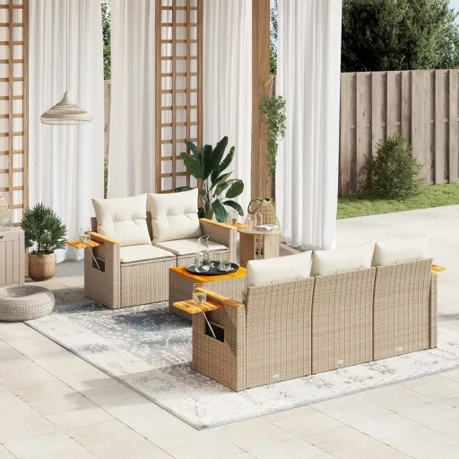 Conjunto de Sofás p/ Jardim com Almofadões Vime PE Bege (6 pcs)