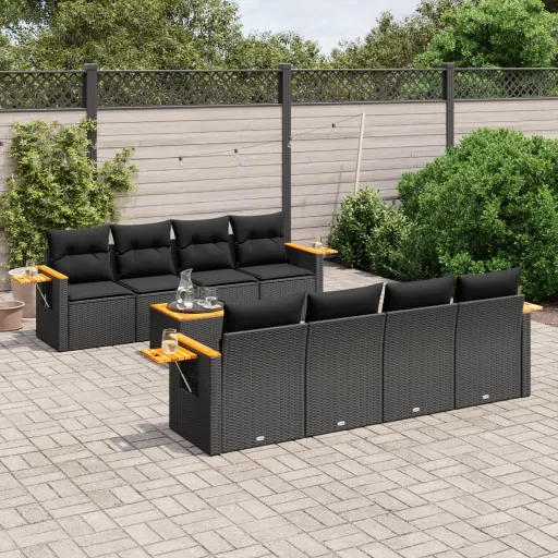 Conjunto de Sofás p/ Jardim c/ Almofadões Vime PE Preto (9 pcs)