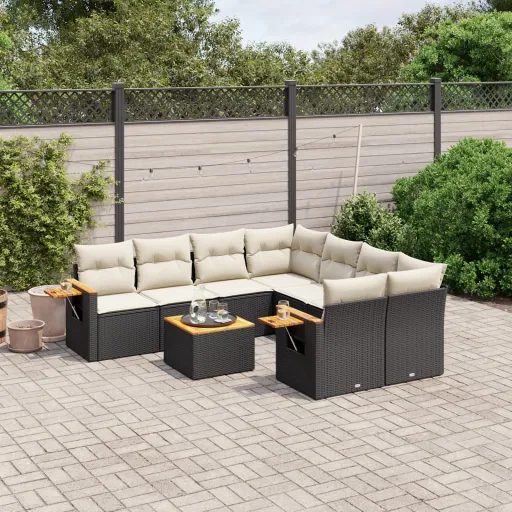 Conjunto de Sofás p/ Jardim c/ Almofadões Vime PE Preto (9 pcs)