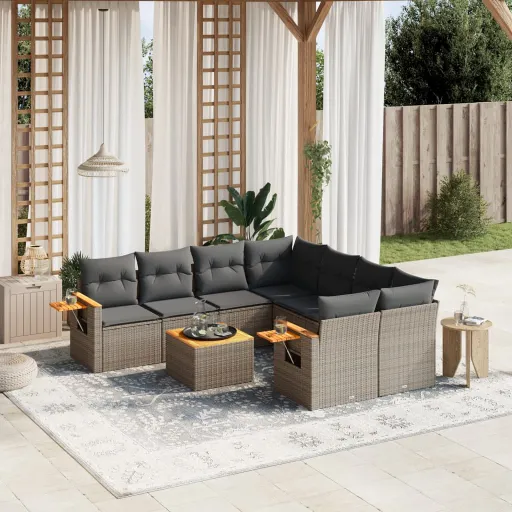 Conjunto Sofás p/ Jardim com Almofadões Vime PE Cinzento (9 pcs)