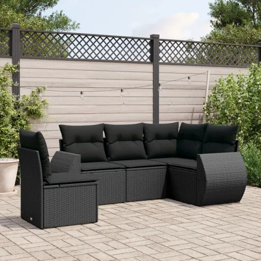 Conjunto Sofás de Jardim com Almofadões Vime PE Preto (5 pcs)