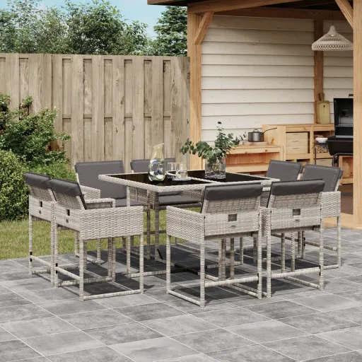 Conjunto de Jantar p/ Jardim c/ Almofadões Cinzento Claro (9 pcs)