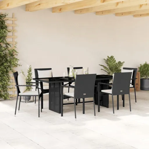 Conjunto de Jantar p/ Jardim c/ Almofadões Vime PE Preto (7 pcs)