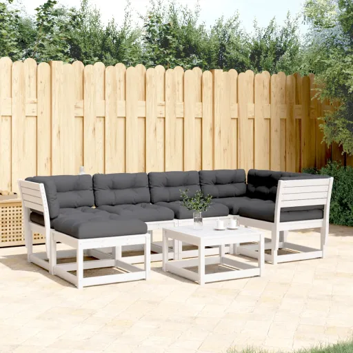 Conj. Sofás de Jardim c/ Almofadões Pinho Maciço Branco (6 pcs)