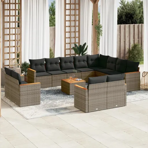 Conjunto Sofás p/ Jardim c/ Almofadões Vime PE Cinzento (13 pcs)