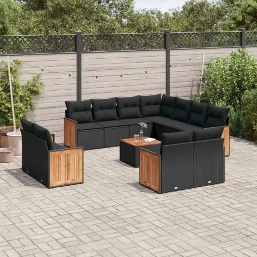 Conjunto de Sofás de Jardim c/ Almofadões Vime PE Preto (12 pcs)