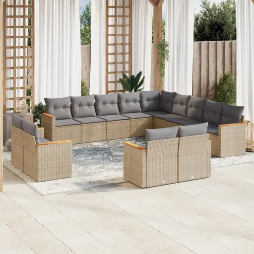Conjunto de Sofás p/ Jardim com Almofadões Vime PE Bege (13 pcs)
