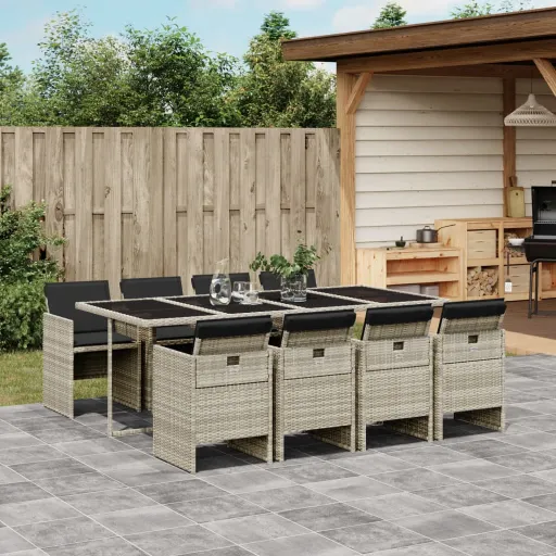 Conjunto de Jantar p/ Jardim c/ Almofadões Cinzento Claro (9 pcs)