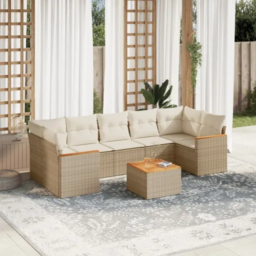 Conjunto de Sofás p/ Jardim com Almofadões Vime PE Bege (8 pcs)