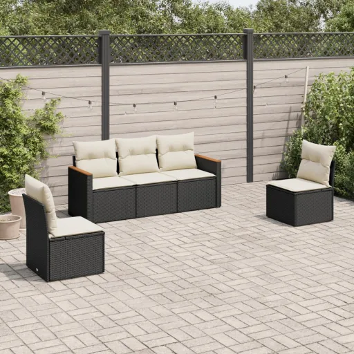 Conjunto Sofás de Jardim com Almofadões Vime PE Preto (5 pcs)