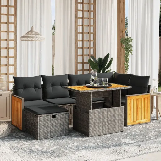 Conjunto Sofás p/ Jardim c/ Almofadões Vime PE Cinzento (7 pcs)