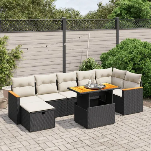 Conjunto Sofás de Jardim com Almofadões Vime PE Preto (8 pcs)