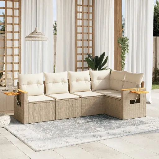 Conjunto de Sofás p/ Jardim com Almofadões Vime PE Bege (5 pcs)
