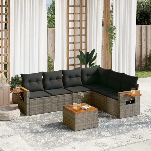Conjunto Sofás p/ Jardim c/ Almofadões Vime PE Cinzento (7 pcs)