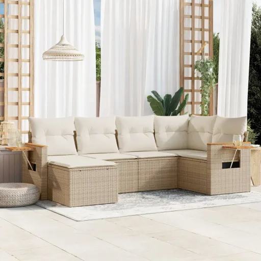 Conjunto de Sofás p/ Jardim com Almofadões Vime PE Bege (6 pcs)