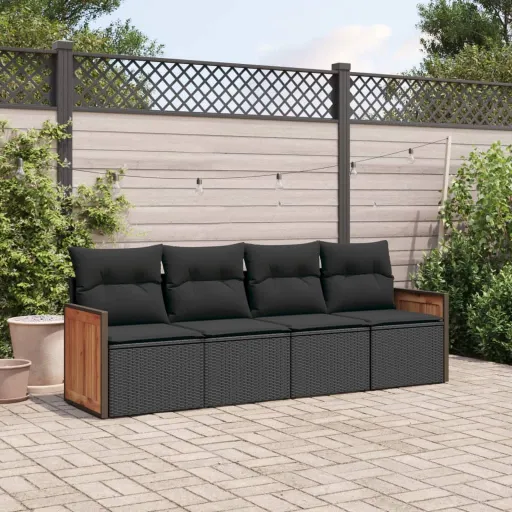 Conjunto de Sofás para Jardim c/ Almofadões Vime PE Preto (4 pcs)