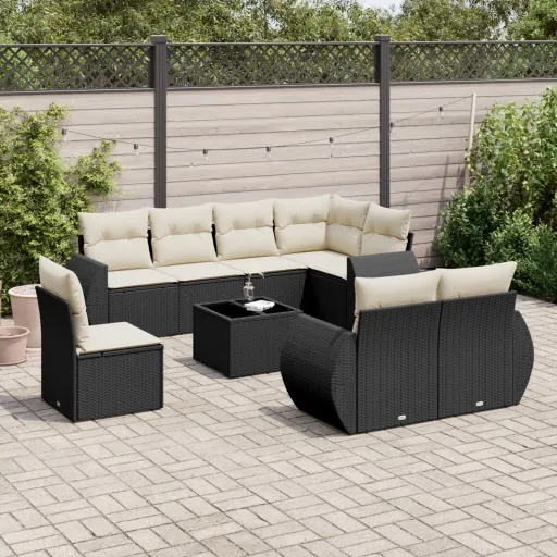 Conjunto de Sofás p/ Jardim c/ Almofadões Vime PE Preto (9 pcs)