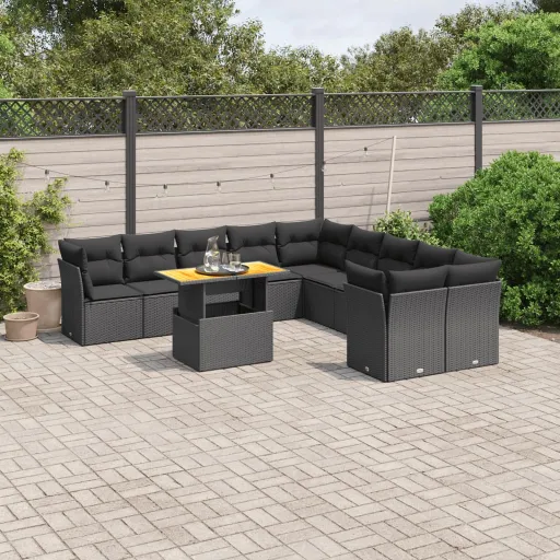 Conjunto Sofás de Jardim c/ Almofadões Vime PE Preto (11 pcs)