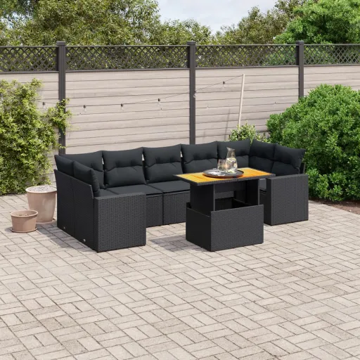 Conjunto Sofás de Jardim com Almofadões Vime PE Preto (8 pcs)