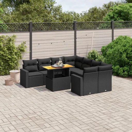 Conjunto de Sofás p/ Jardim c/ Almofadões Vime PE Preto (9 pcs)